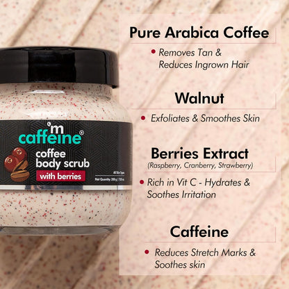 Mcaffeine coffee body scrub jar with ingredients listed on a textured background