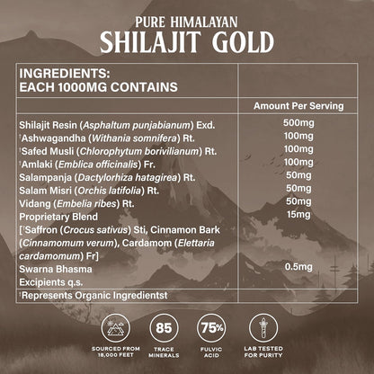 Wellbeing Nutrition Pure Himalayan Shilajit Gold Resin for Strength, Stamina, Performance, Stress Relief and Vitality | Ashwagandha, Safed Museli & Swarna Bhasma (24K Gold Leaf) | Lab Tested - 20g