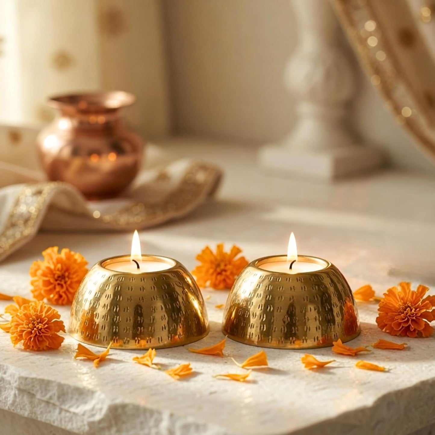 BEHOMA Pebble Bowl Metal Pack of 2 Tealight Candle Holders Set - Gold