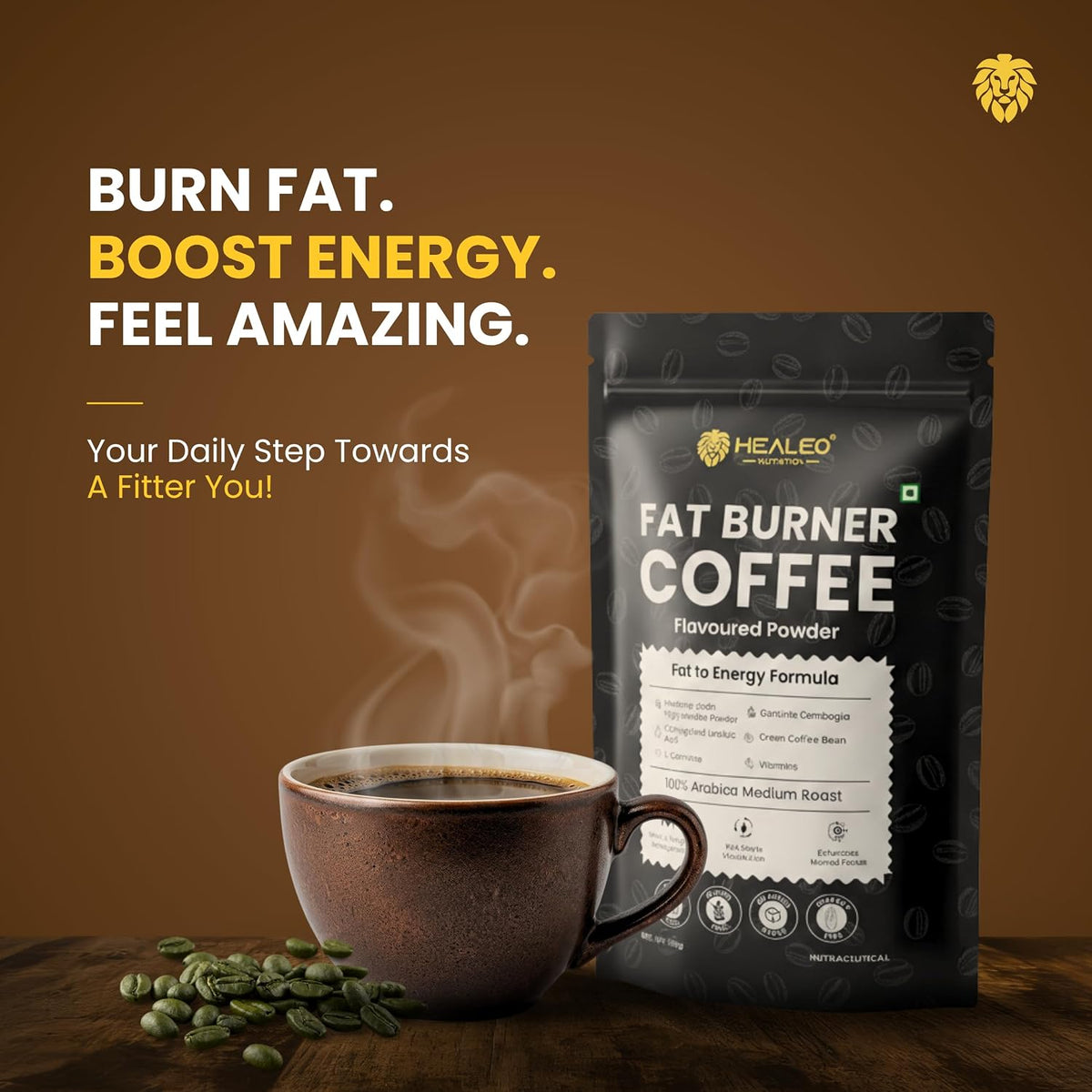 HEALEO Fat Burner Coffee 150g for Men & Women – Instant Coffee with MCT, L-Carnitine, Garcinia Cambogia & Green Coffee Bean Extract | Supports Healthy Weight Management