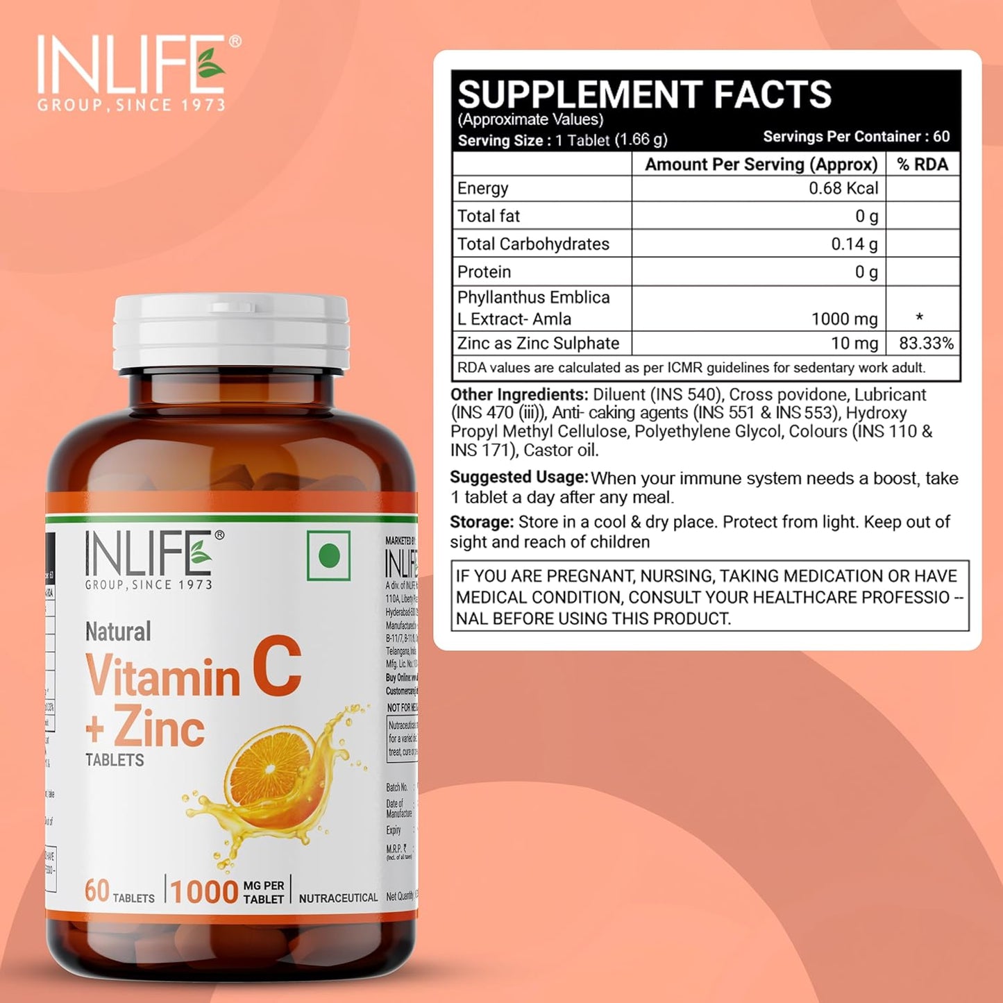 INLIFE Natural Vitamin C Amla Extract With Zinc For Immunity & Skin Care - 60 Veg Tablets (Pack of 1, 60)