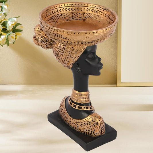 THE SACRED GIFTS Tribal Lady Figurine Matte Black with Gold & Brown Tribal Pattern | Resin, Hand-Painted, Waterproof & Washable | Traditional Geometric Pattern Design, Home Decor Statue, 23cm
