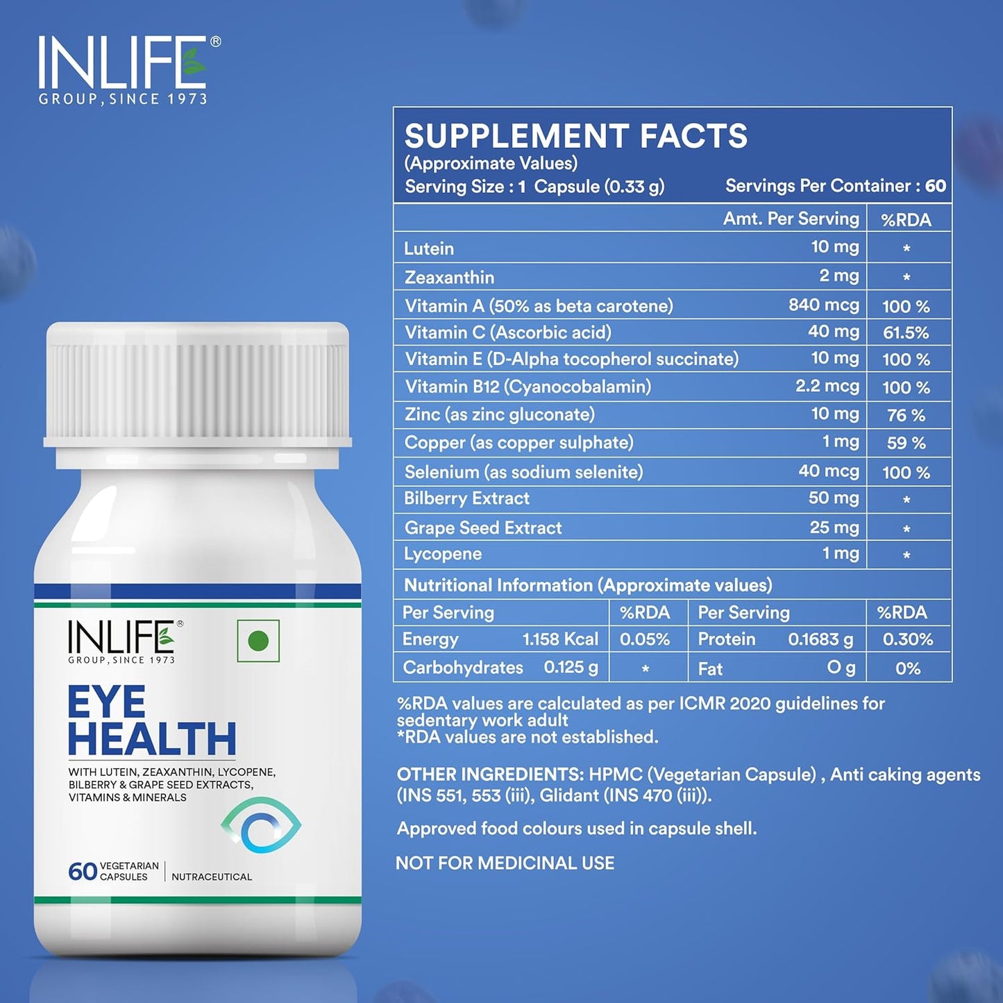INLIFE Eye Health Supplements | Eye Care Vitamins Lutein, Zeaxanthin, Grape Seed, Bilberry, Zinc, Selenium, Lycopene - 60 Vegetarian Capsules (Pack of 1, 60)