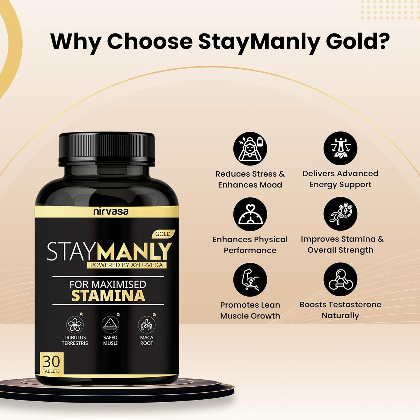 Nirvasa StayManly Gold Tablets (30 Tabs) | Ayurvedic Strength, Stamina & Performance Booster | Boosts Energy, Endurance & Vitality | Tribulus Terrestris, Ashwagandha, Safed Musli & Shilajit