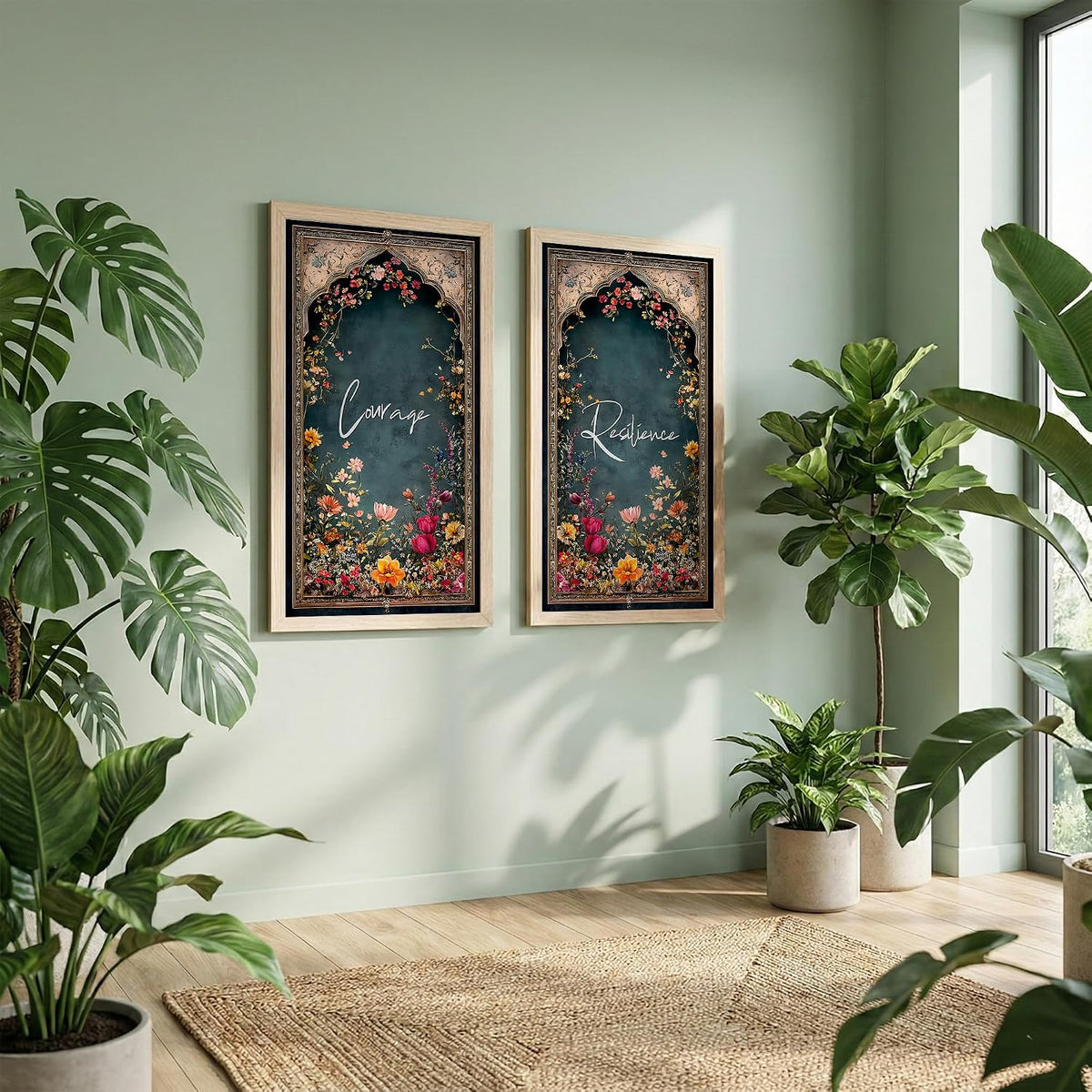 Motivational Floral Wall Art Set of 2 with Frame, Courage & Resilience Quote Prints, Vintage Botanical Arch Design, (Art-7, 10x19inch) Wooden Frame
