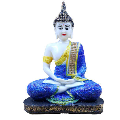 Meditating Buddha Polyresin Idol Showpiece - Perfect for Living Room, Bedroom and Office Space Home Decor Staircase Wall Decoration Ideal Gifting (White Blue Sitting Buddha)