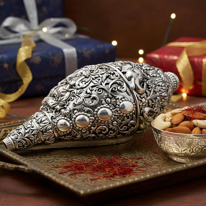 Dev Aastha Silver Plated Ganesh Shankh Idol 5.2 Inch | Lord Ganesha Conch Showpiece for Pooja Room, Home Decor & Office Desk | Vastu Gift Item for Housewarming