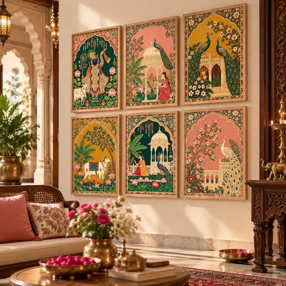 Madhubani Paintings Set of 6 Traditional Indian Peacock Wall Painting With Frame for Living Room Bedroom Hotel Wall Decor Digital Reprint (10X13 Inch)