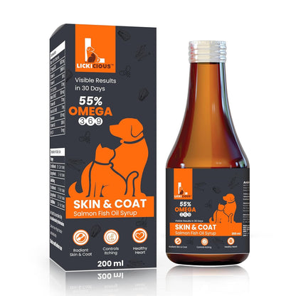 LICKICIOUS Skin & Coat Syrup for Dogs & Cats 200 ml | 55% Salmon Fish Oil, Omega 3 6 9 | Shinier Coat, Itch & Allergy Control | Improves Skin & Hair Health | Nutritional Supplement/Tonic for Pets
