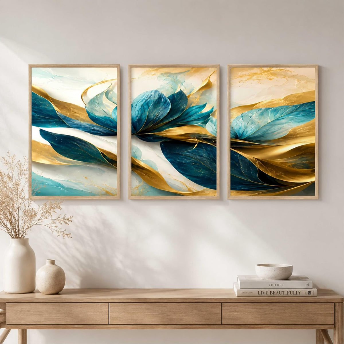 Abstract Blue Gold Floral Wall Painting Set of 3 for Living Room Bedroom Hall Office Decor, Modern Luxury Leaf Artwork, Premium Wooden Synthetic Frame (13.5 x 19.5) NM03-144