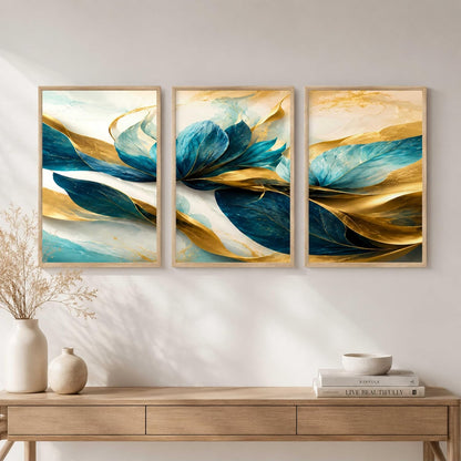 Abstract Blue Gold Floral Wall Painting Set of 3 for Living Room Bedroom Hall Office Decor, Modern Luxury Leaf Artwork, Premium Wooden Synthetic Frame (13.5 x 19.5) NM03-144