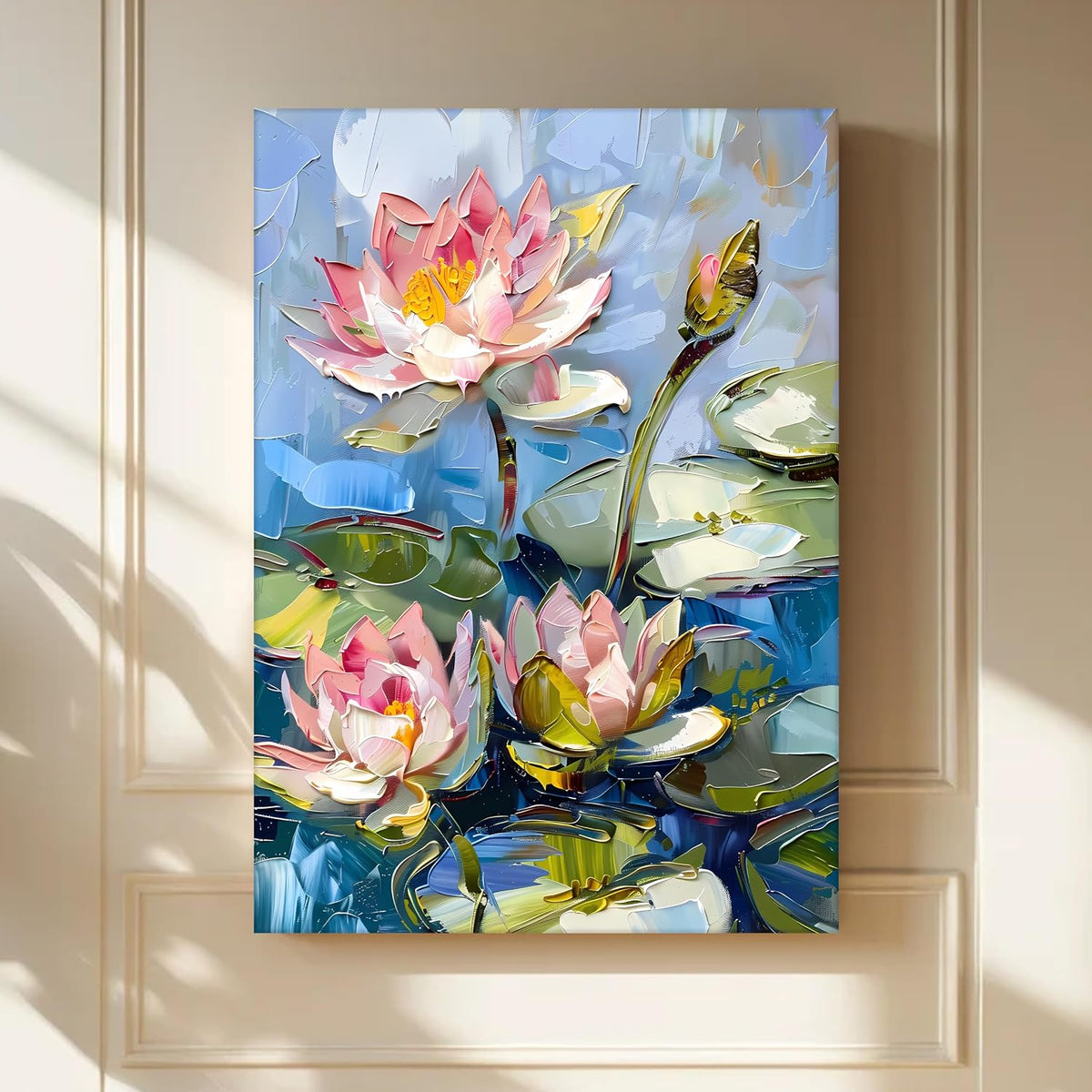 Lotus Flower Canvas Wall Art Painting for wall decoration, Lotus Flower Pond Floral Stretched Canvas for Living Room, bedroom, Home and Office, 16x22 Inch