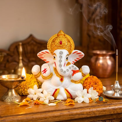 Chaturbhuj Ganpati Idol White Marble Statue, Matte Finish Ganesh Murti for Puja, Mandir, Home Decor, Diwali, Ganesh Chaturthi, Festivals & Gifting