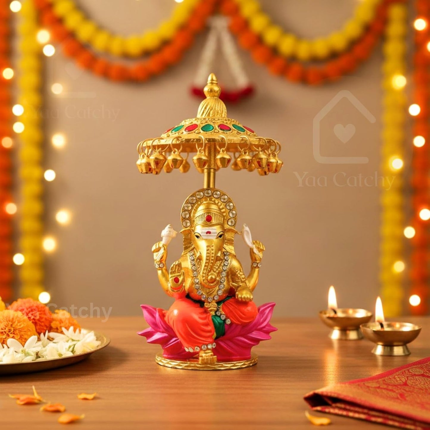 Yaa Catchy Lord Ganesha Car Dashboard Idol & Crystal Stones Hindu God Ganpati.Believed to Protect and Bless Travelers on Their Journeys. (Umbrella Colour)