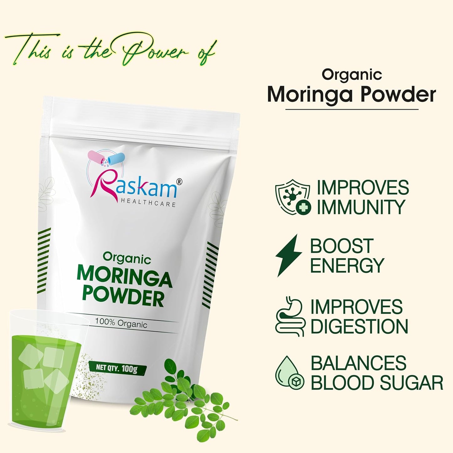 Raskam Organic Moringa Powder packaging with health benefits listed on a light beige background