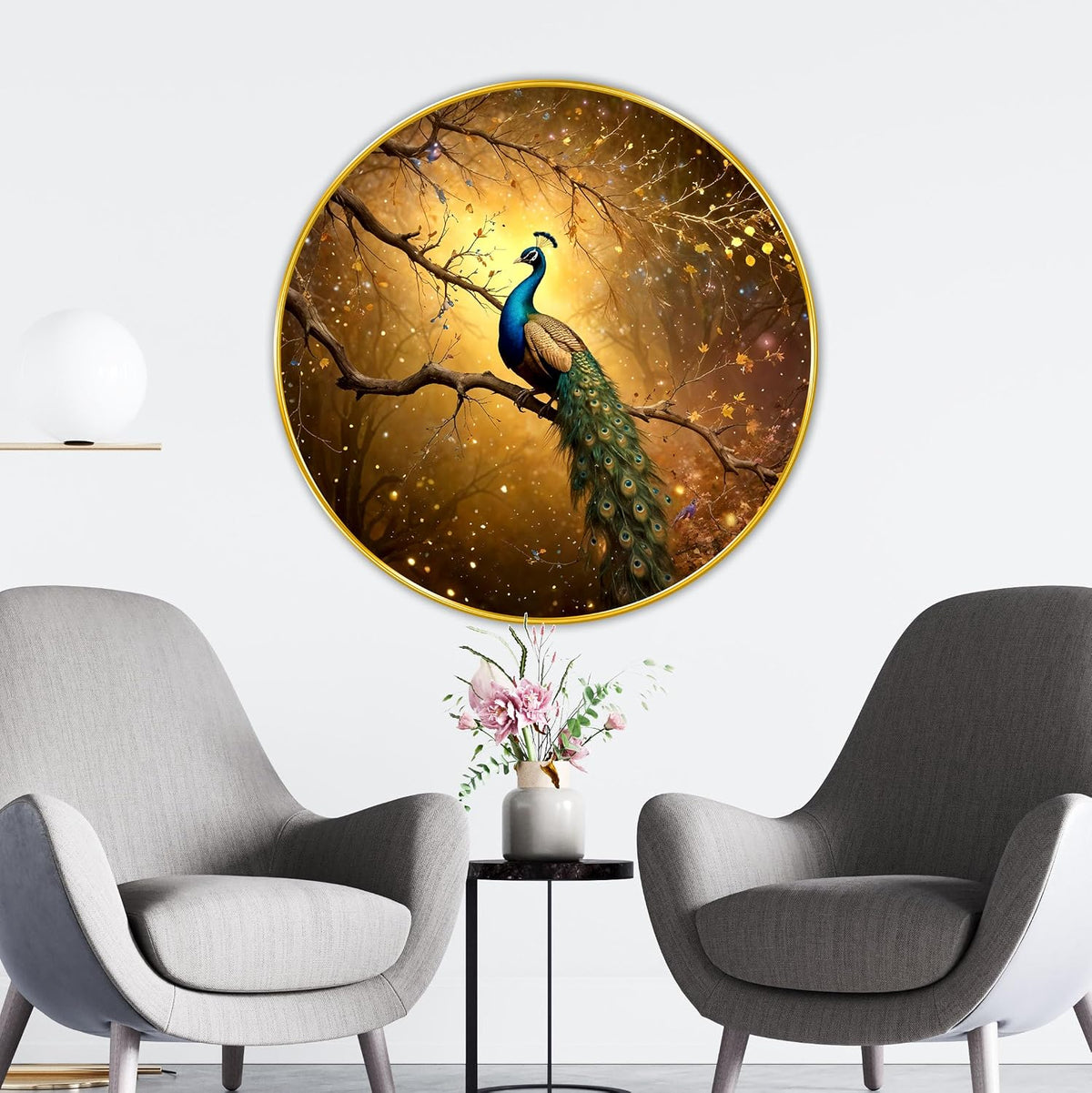 Peacock modern art Premium Sparkle lamination Golden Slim Frame 50.8 cm x 50.8 cm Large Size, For Home/Office/Hotel painting GRL117