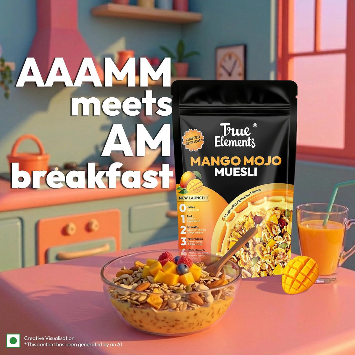 True Elements Mango Mojo Muesli 350 g with Alphonso Mango | Healthy Breakfast Cereal | High Fiber, Protein Rich | Rolled Oats, Seeds & Grains | No Added False Claims | Limited Edition