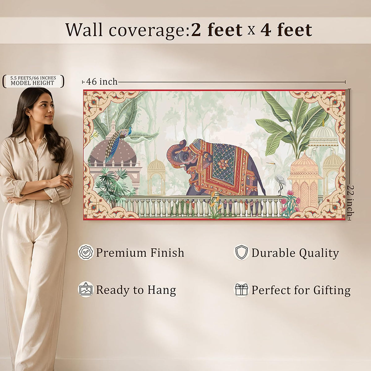 Royal Mughal Garden Elephant Canvas Wall Painting for Living Room, Floral Elephant Vastu Painting Cultural Indian Style, Rajasthani Inspired Artwork for Home & Office 22x46 Inch