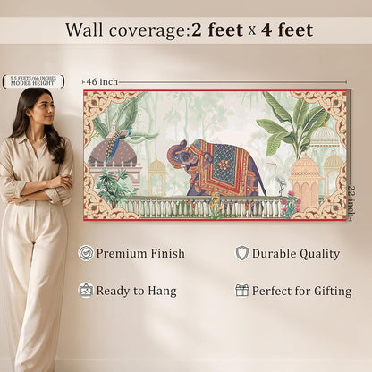 Royal Mughal Garden Elephant Canvas Wall Painting for Living Room, Floral Elephant Vastu Painting Cultural Indian Style, Rajasthani Inspired Artwork for Home & Office 22x46 Inch