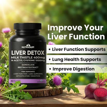Nutrasium Liver & Lung Detox Supplemets | Milk Thistle- 400 mg | N-Acetyl Systeine 1000 mg | Dandelion & beet root For Support Lung & Liver Health | 60 Tablets (60 Tablets, Liver Detox)
