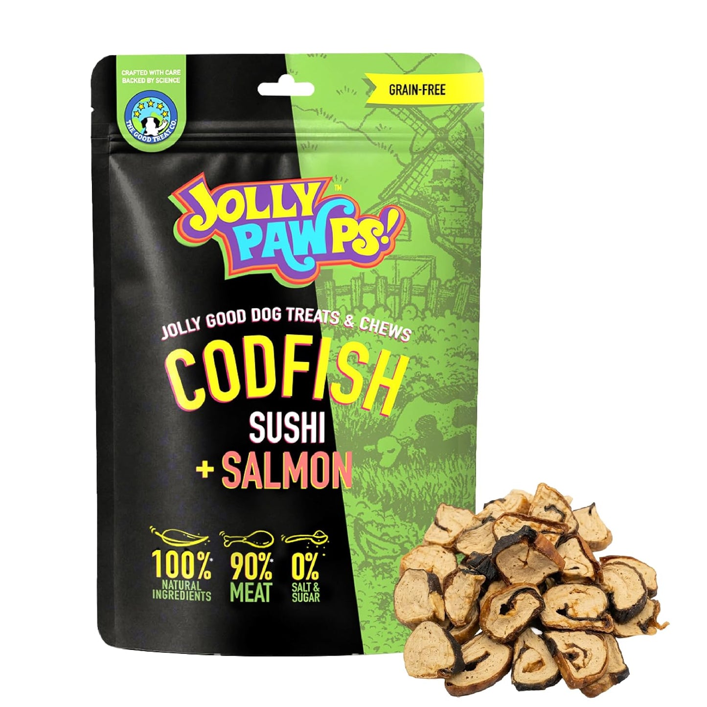 Jolly Pawps Codfish + Salmon Sushi Dog Treat – 90% Prime Cut Meat, Lab Tested, Grain Free, 0% Salt or Sugar, Fish Dog Treats for Adult Dogs & Puppies 80g