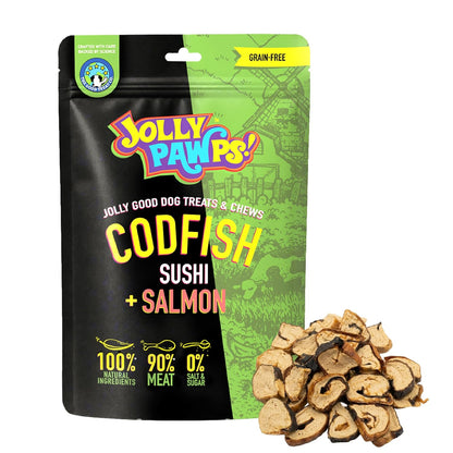 Jolly Pawps Codfish + Salmon Sushi Dog Treat – 90% Prime Cut Meat, Lab Tested, Grain Free, 0% Salt or Sugar, Fish Dog Treats for Adult Dogs & Puppies 80g