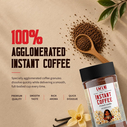 IKIE French Vanilla Instant Coffee Powder 100g | 100% Arabica | Rich Creamy Vanilla Flavour | No Chicory | 50 Cups | Cafe Style Coffee in seconds