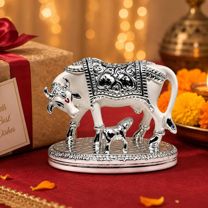 UNOVATE Kamdhenu Cow Idol for Home Temple, Pooja Room & Office Desk, Silver