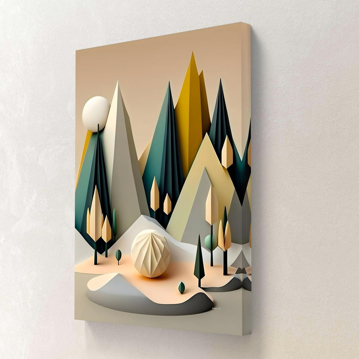 Geometric Mountain Canvas Wall Art | Abstract Forest Landscape with 3D Effect Trees & Sun | Modern Framed Home Décor for Living Room, Bedroom, Office | Ready to Hang (18 x 24 Inch) CVD-491