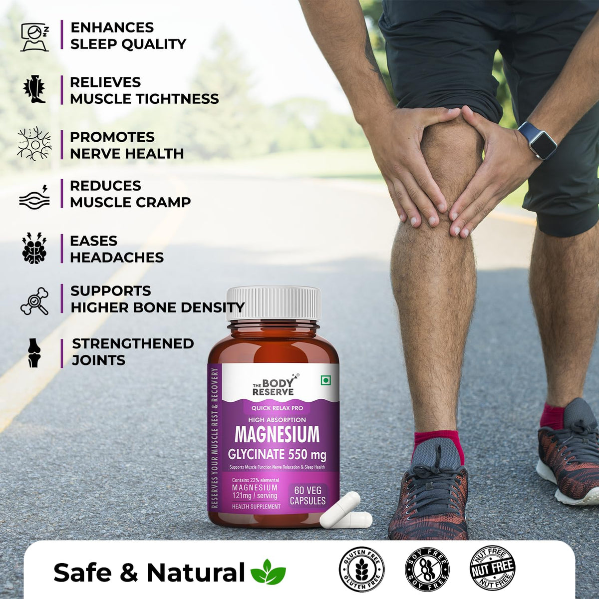 Bottle of magnesium supplement with a person holding their knee, outdoors.