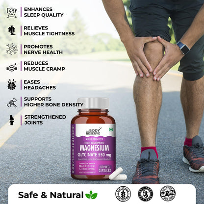 Bottle of magnesium supplement with a person holding their knee, outdoors.