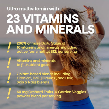 Woman by a beach with text about an ultra multivitamin supplement.