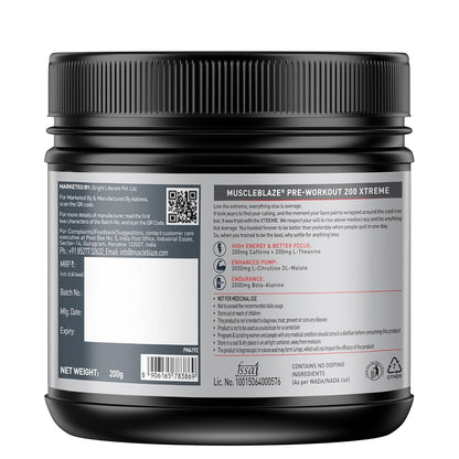 MuscleBlaze Pre Workout 200 Xtreme (Berry Bolt, 60 Servings, 200g) | 200mg Caffeine, 200mg Theanine, 2000mg Beta Alanine, 3000mg Citrulline