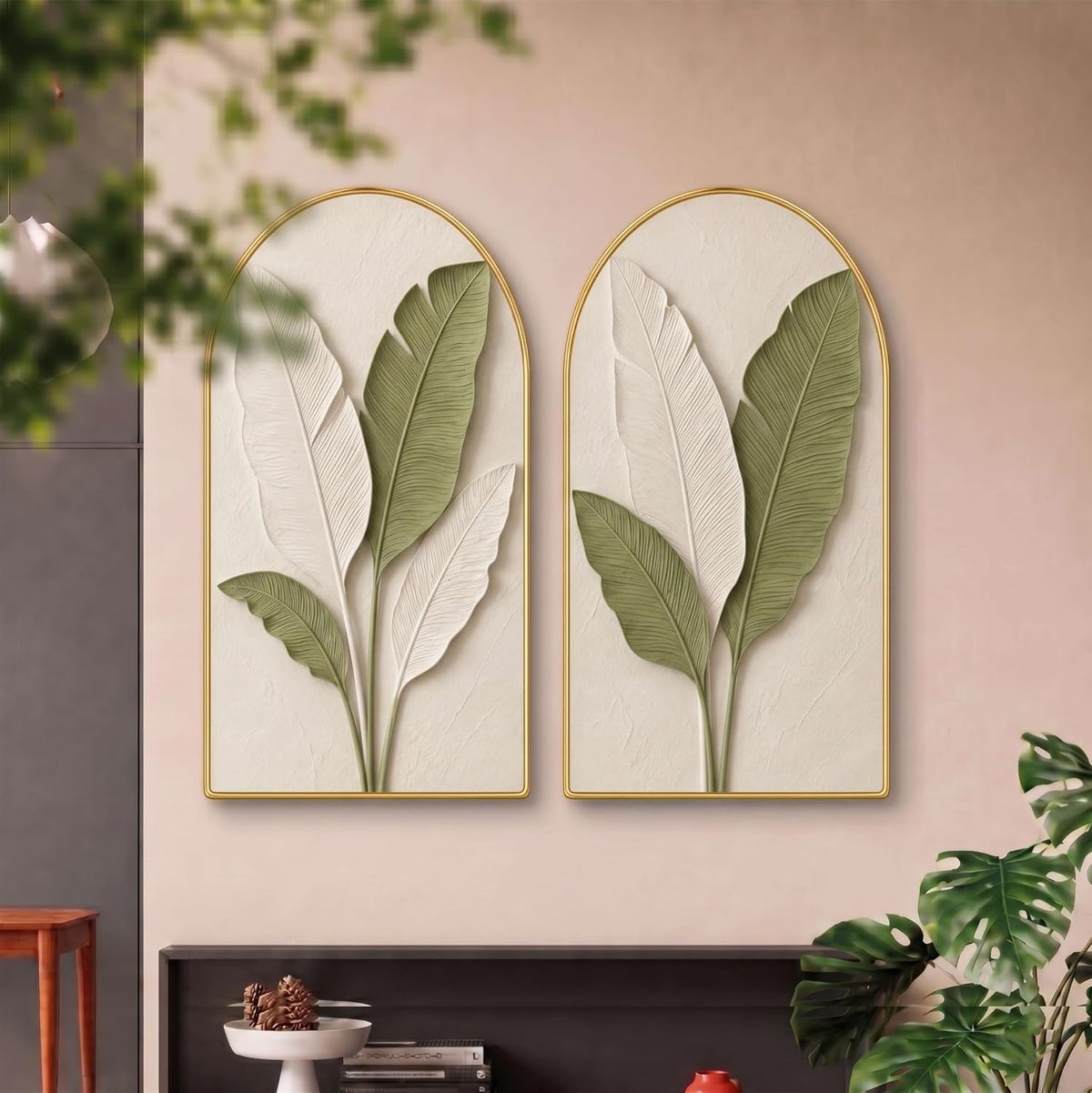 Set of 2 Botanical Leaf Wall Painting for Living Room, Green White Modern Artwork, PVC Golden Frame, Arch Shape Wall Decor for Bedroom, Hall, Office & Gift (30 x 32 Inch) RPNL-02-118
