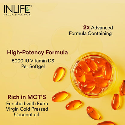 INLIFE Vitamin D3 5000 IU Cholecalciferol with Coconut Oil Supplement for Better Absorption, For Men & Women, Immunity, Bone Health, Muscles - 60 Softgels