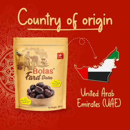 Bolas UAE Fard Dates 500g | Soft & Smooth Khajur/Khajoor | Mild Sweetness | Naturally Low-Fat | No Added Sugar | No Preservatives | Rich in Fibre | Dry Fruits