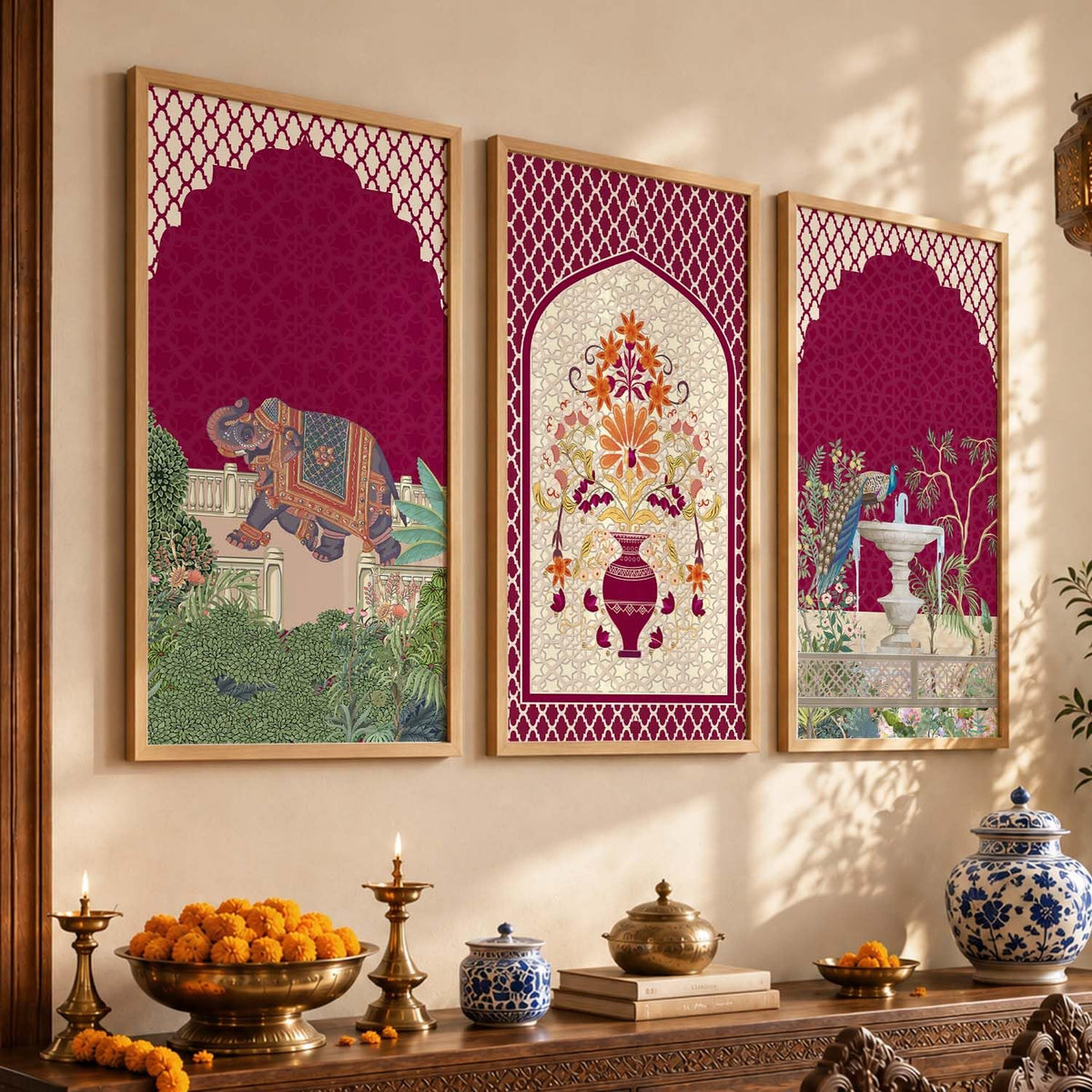 Indian Traditional Madhubani Big Size Art Home Decoration Wall Painting Art With Frame For Living Room Bed Room Hotel Wall DecorDigital Reprint Engineered Wood Set of 3 (4, 10x19 inch, Framed)