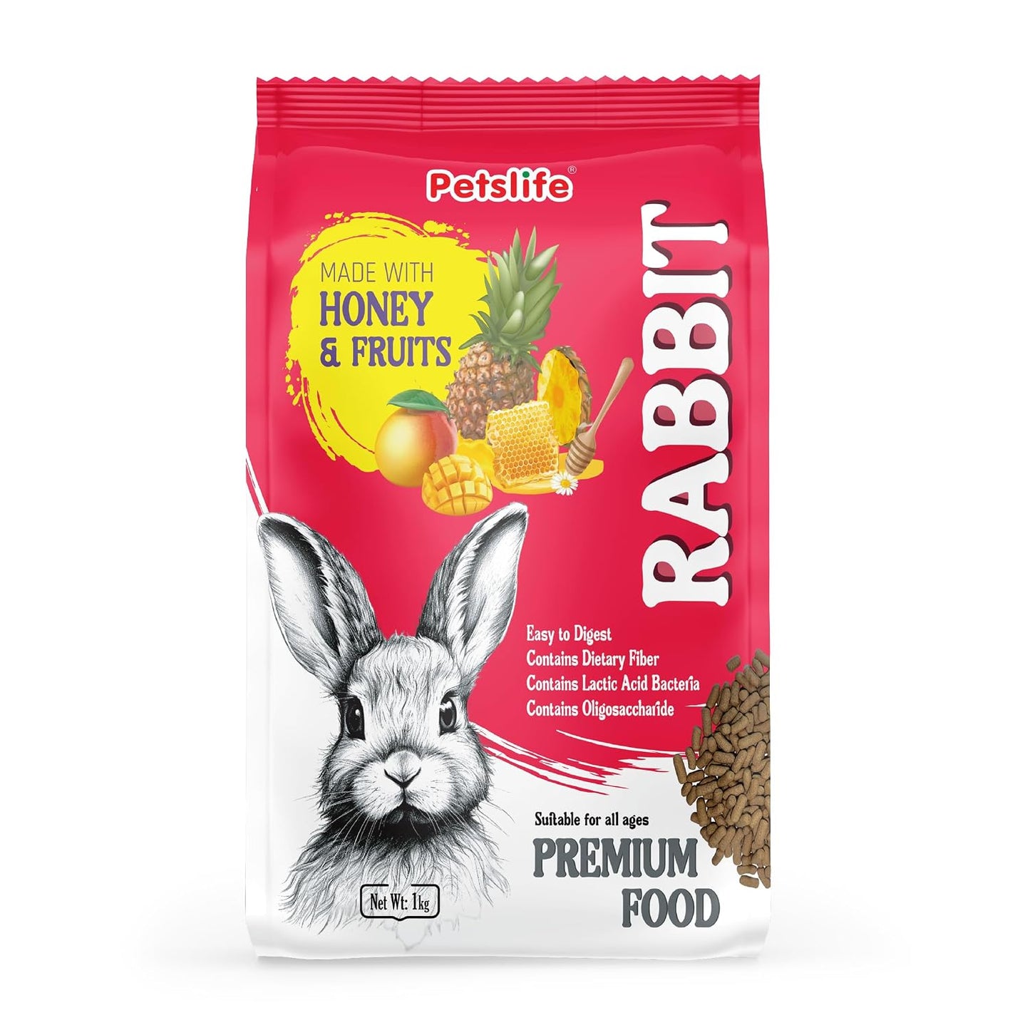 Petslife Premium Rabbit Food 1kg, High Protien Added with Fiber & Essential Nutrients Pellet Food, Balanced Nutrition Diet for Small & Adult Bunnies, Suitable for All Ages., Honey & Fruits Flavour