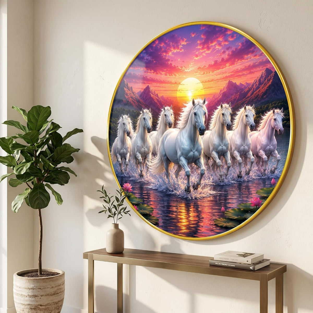 7 Horse Vastu Round Wall Painting with Premium PVC Golden Frame, White Running Horses Mountain Sunrise Lake Art for Living Room Office Home Decor Gift (20 x 20 Inch) GRL-441