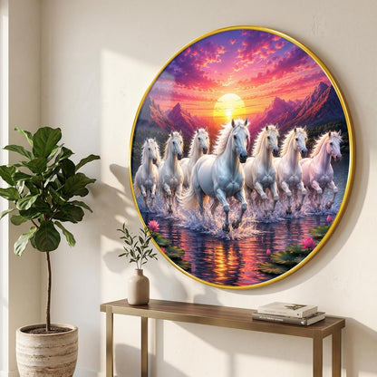 7 Horse Vastu Round Wall Painting with Premium PVC Golden Frame, White Running Horses Mountain Sunrise Lake Art for Living Room Office Home Decor Gift (20 x 20 Inch) GRL-441
