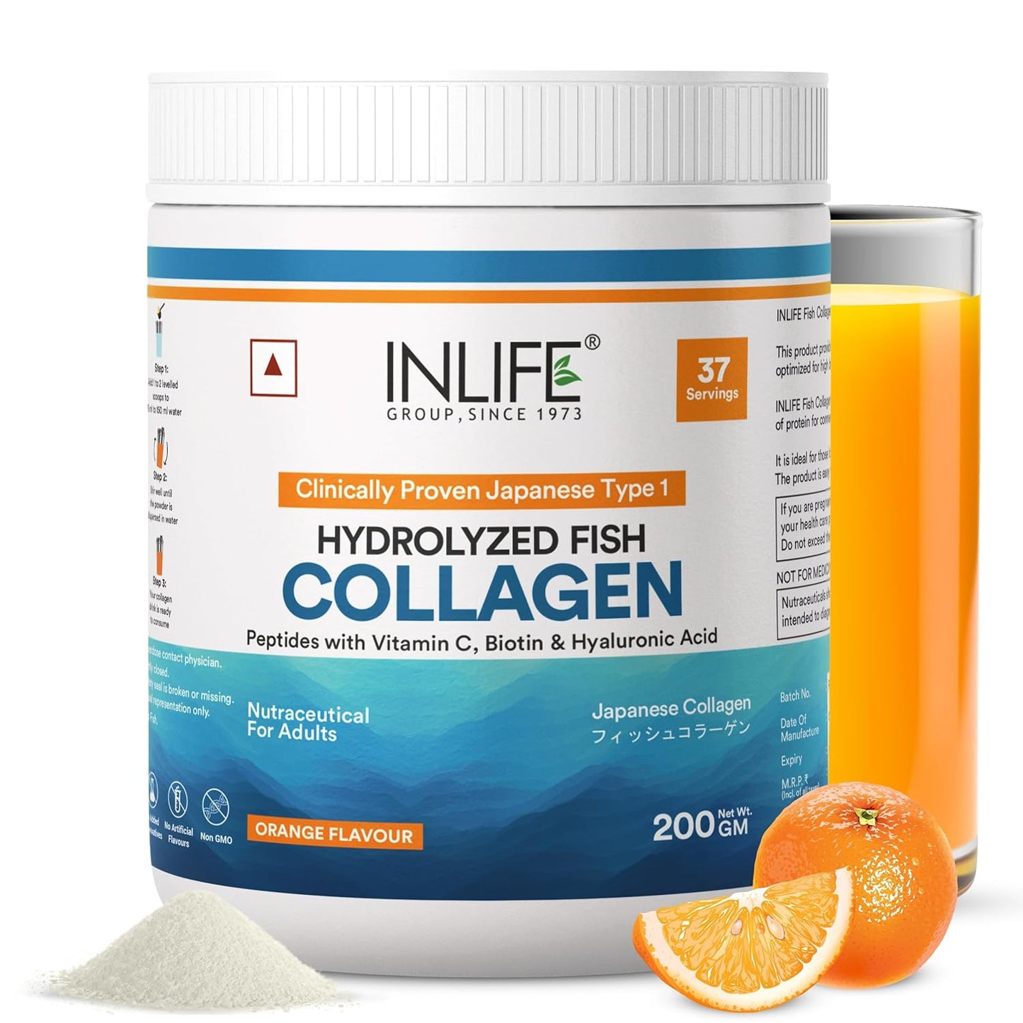 INLIFE Japanese Marine Collagen Supplements for Women & Men | Fish Collagen Powder for Skin & Hair | Clinically Proven Ingredient with Biotin, Hyaluronic Acid, Vitamin C & Glucosamine (200g, Orange)