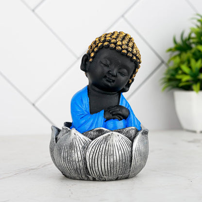Laughing Buddha Baby Monk Idol Statue Showpiece Home Decor Items for Living Room and Gifts (Blue Black)