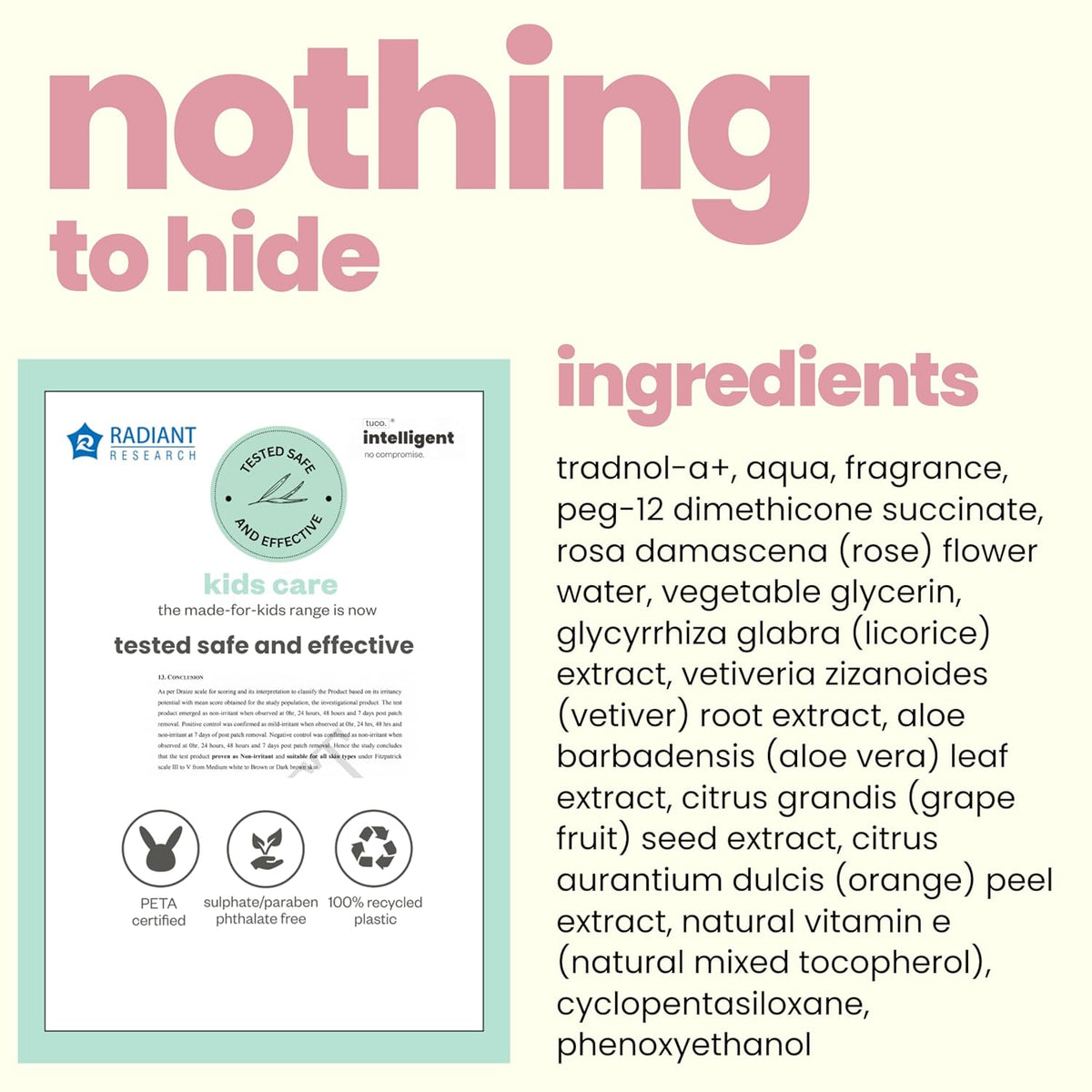 Product label with ingredients list and certification logos on a white background