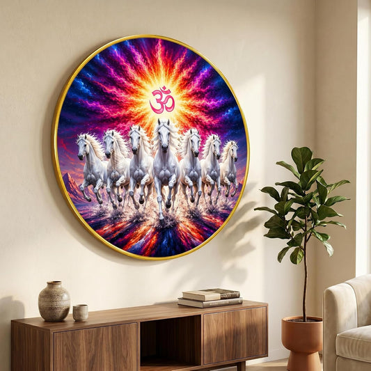 7 Horse Om Vastu Round Wall Painting with Premium PVC Golden Frame, White Running Horses Colorful Aura Art for Living Room Office Home Decor Gift (20 x 20 Inch) GRL-442