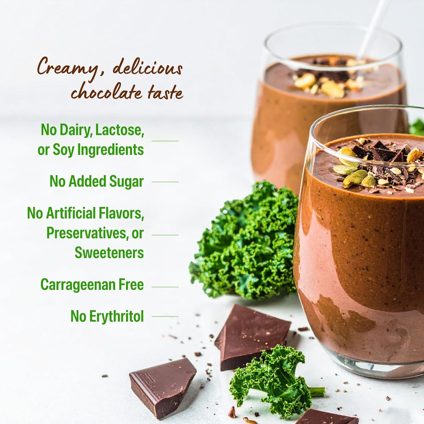 Chocolate smoothie with ingredients and health benefits text on a white background