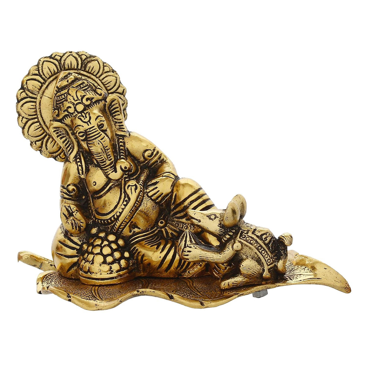 Golden Metal Lord Ganesha Statue Sitting On a Leaf with Mouse | Ganesha Idol for Home Decor Car Dashboard | Ganpati Murti Gift for Diwali Housewarming