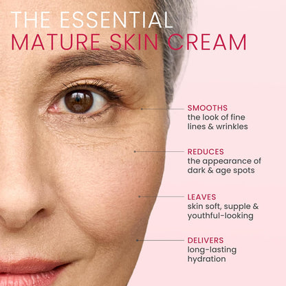 Advertisement for mature skin cream with a close-up of a woman's face and text highlighting benefits.