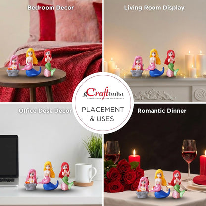 Set of 3 Little Cute Mermaid Doll Figurines Showpiece for Home Decor Miniature Toys Gifts for Girls Fish Tank Ornaments Valentine Gift for Girlfriend Wife Her Valentine Day Decoration Item
