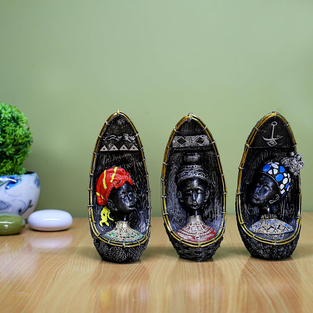 Vibrant Beautiful Finish Uniquely Hand Crafted Home Decor African Tribal Women Art Piece (African Face Lady Set of 3)