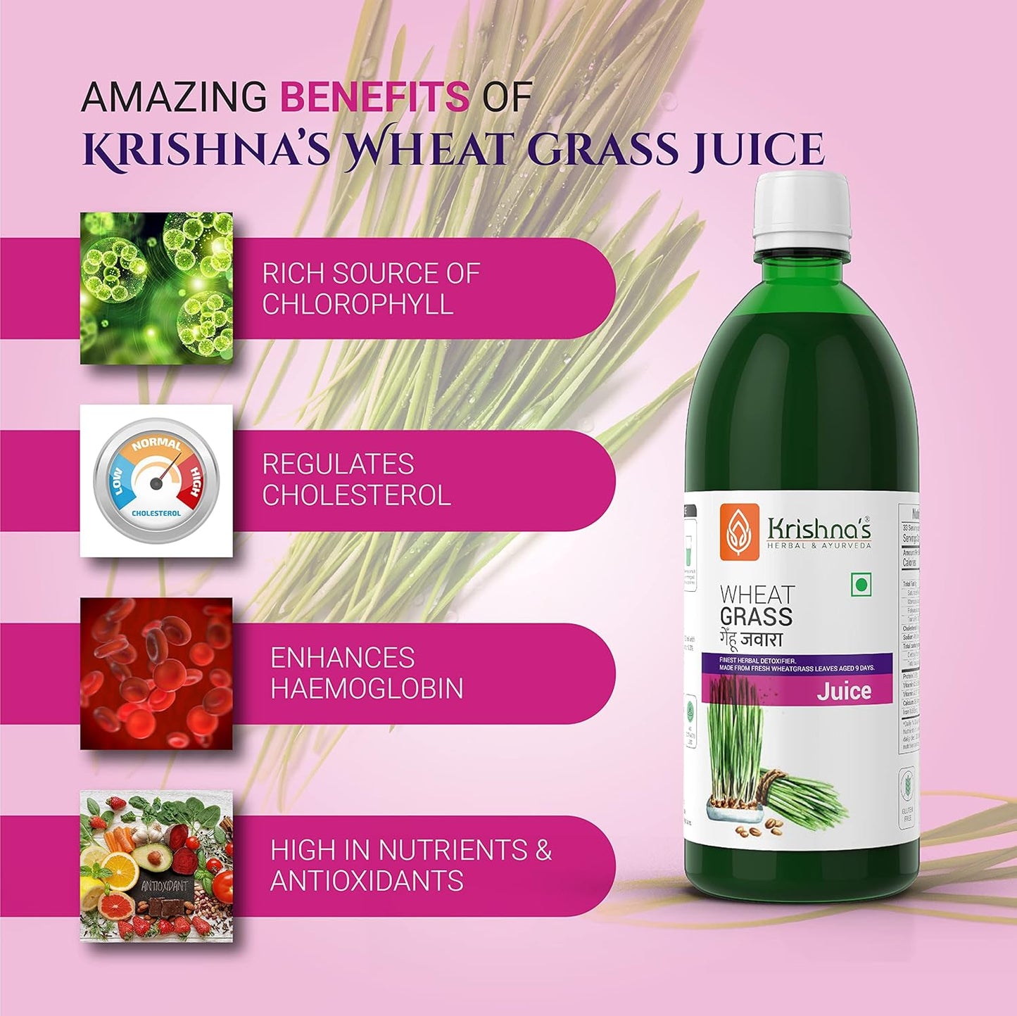 Krishna's Wheatgrass Juice - 1000 ML | Wheat Grass juice 9th day picked wheatgrass leaves | Pure, Natural and Ayurvedic Juice